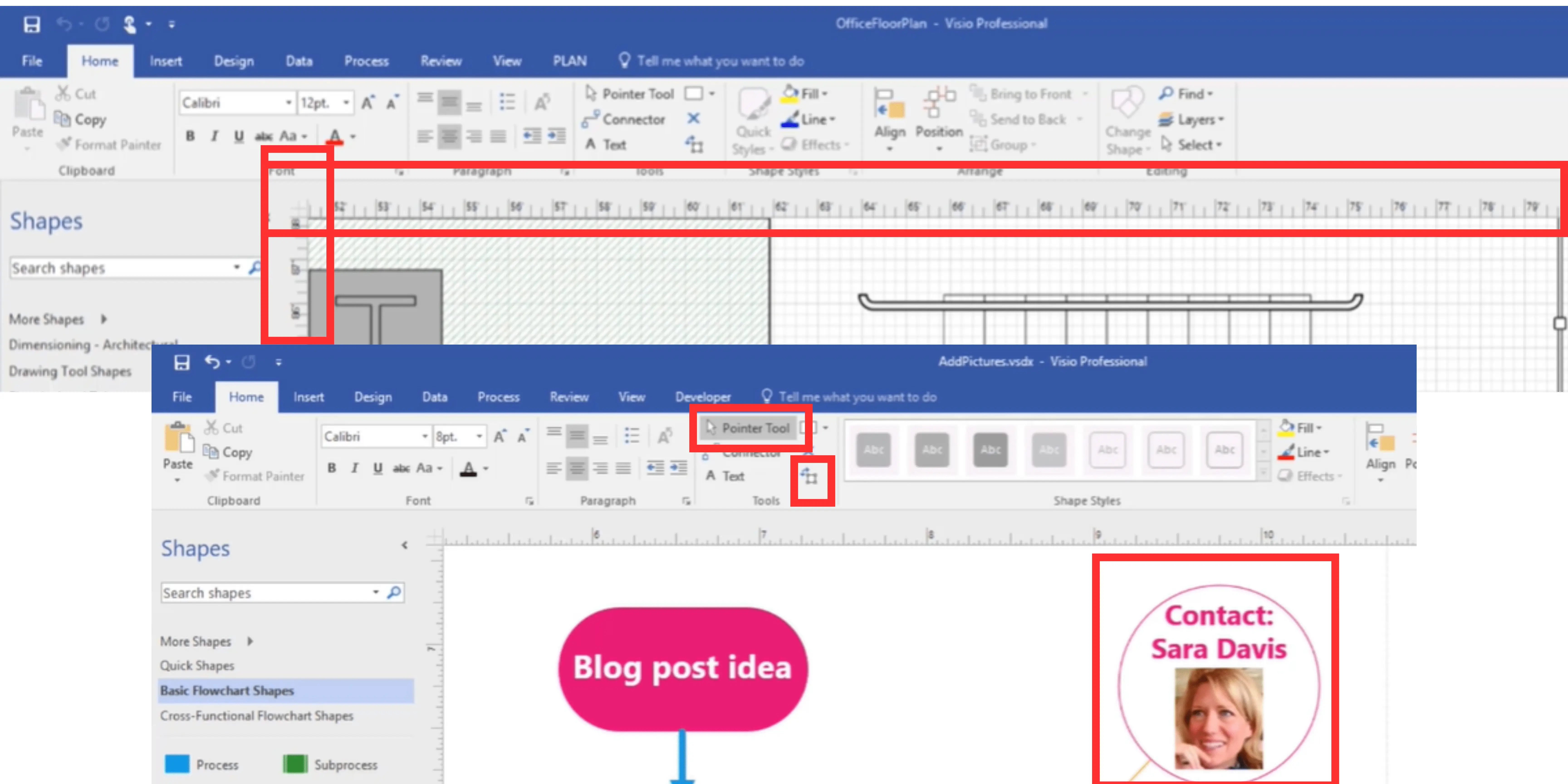 Membuat kotak badan utama dan mengatur posisi bentuk dan gambar di Microsoft Visio